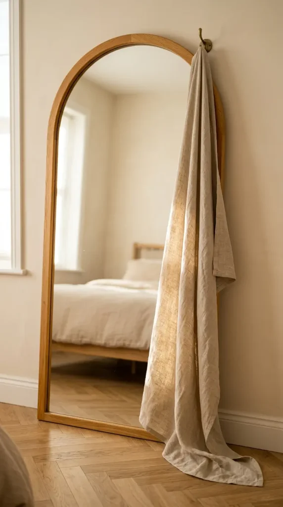 17 Big Mirror in Bedroom Oversized Oak Arch Warm Neutral 11 11. Oak Arch Mirror With a Linen Curtain Drape at One Edge