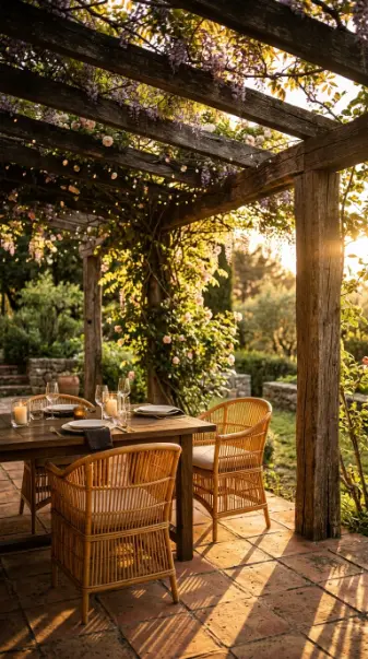 26 Outdoor Patio Ideas With a Cozy Pergola Dining Setup 11 11. Pergola Dining Patio at Golden Hour