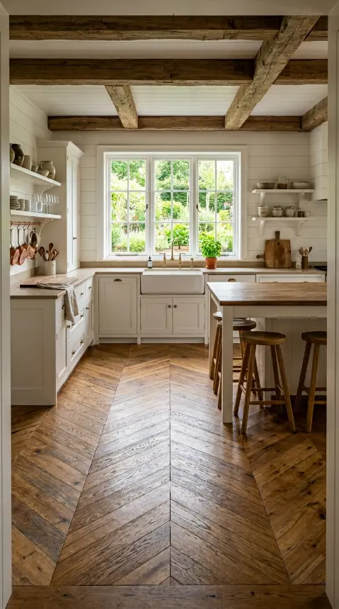 25 Kitchen Flooring Ideas for Farmhouse Herringbone Reclaimed 11 11. Reclaimed Herringbone Running Toward the Kitchen Window