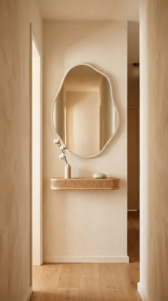 14 Hallway Mirror Ideas Organic Puddle Mirror Console 11 11. Style the Organic Puddle Mirror Above a Narrow Rattan Shelf