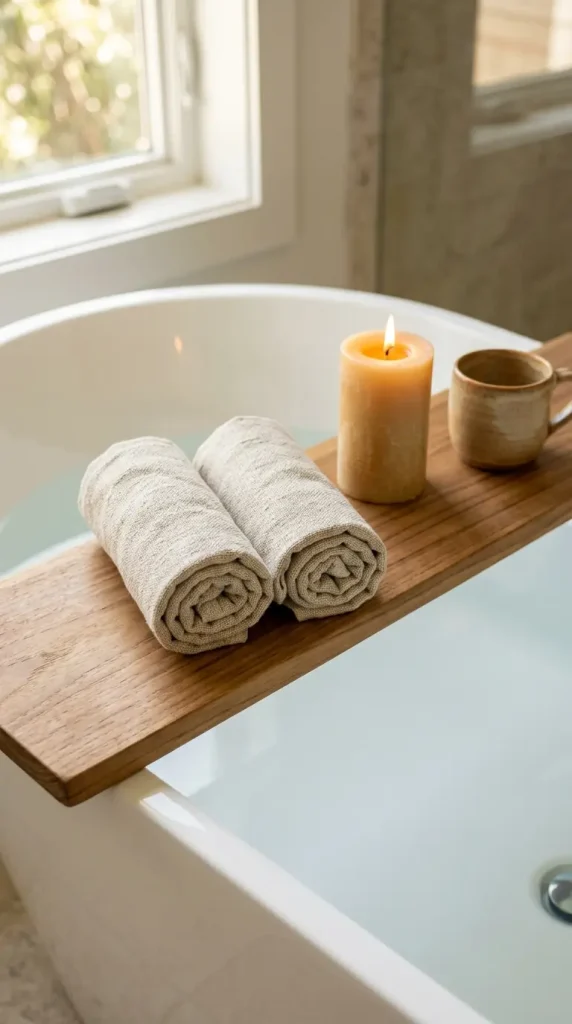 18 Bath Tub Decor Ideas Freestanding Tray Quiet Luxury 11 11. Style the Tray With a Pair of Rolled Linen Hand Towels