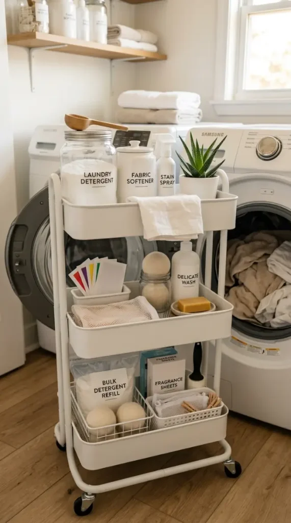27 Cleaning Closet Organization Tiered Rolling Cart Ideas 11 11. The Laundry Room Rolling Cart — Detergent and Fabric Care Organization
