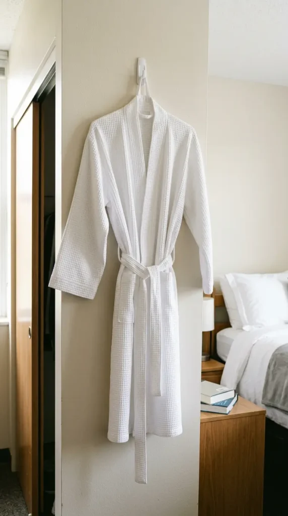 24 Dorm Bedding Ideas Clean White Minimal Luxe Hotel Style 11 11. The Minimal White Robe on a Single Hook — Hospitality Garment Detail