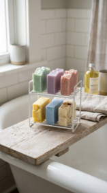 24 Small Bathroom Decor with Bathtub Caddies Vintage Pastel 11 11. The Pastel Soap Bar Rainbow — Functional Color Display