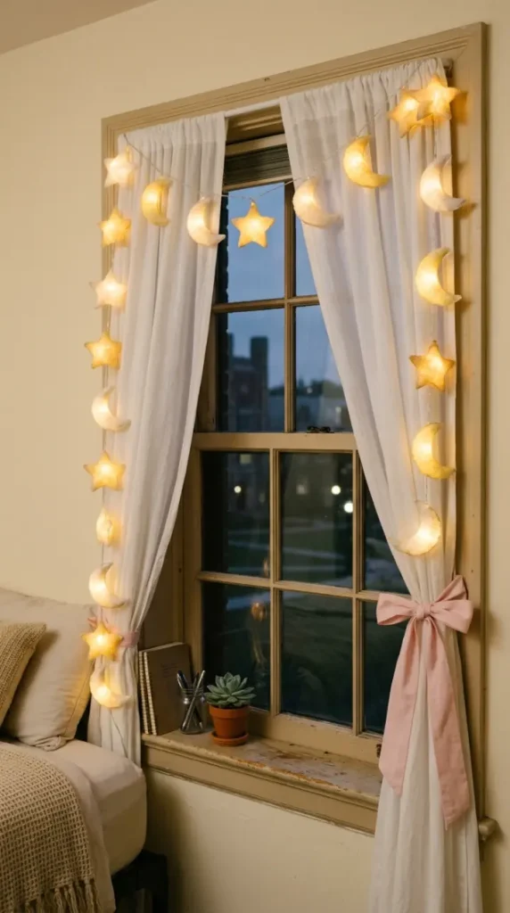 24 College Bedroom Ideas Pastel Girly Aesthetic Dreamy Style 11 11. The Pastel Star and Moon String Light Garland — Whimsical Light Shape Detail