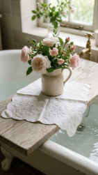 24 Romantic Bathtub Caddy Decor Ideas Garden Cottage Floral 11 11. The Vintage Lace and Linen Layer — Soft Textile Romance