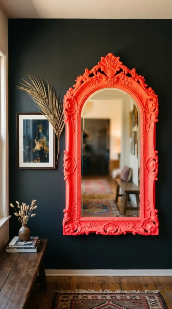 15 Decorated Mirror Hand Painted Arch Entryway Eclectic Wall 11 11. Vintage Arch Mirror Frame Repainted in Unexpected Neon Accent