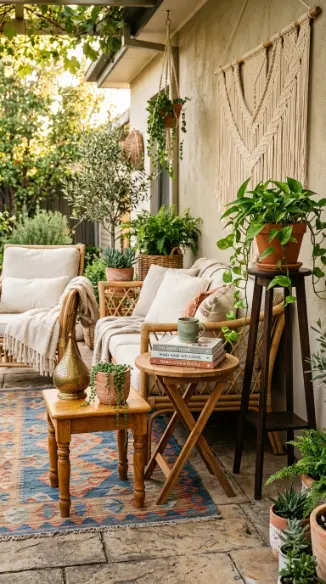 28 Outdoor Patio Ideas for a Boho Layered Living Room 11 11. Vintage Timber Side Tables and Plant Stands