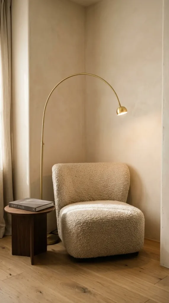 16 Minimalist Luxury Bedroom Quiet Luxury Linen Neutral Warm 11 11. Warm Bedroom Corner With a Single Reading Chair and Floor Lamp