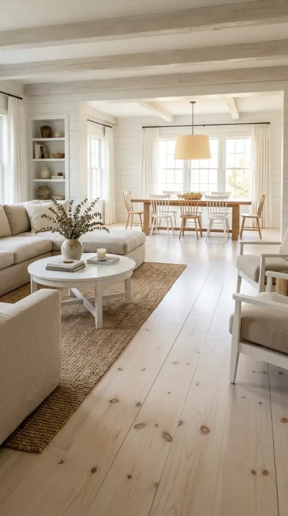 27 Light Wood Flooring for Farmhouse Whitewashed Pine Style 11 11. Whitewashed Pine Open Plan — Living and Dining Continuous Floor