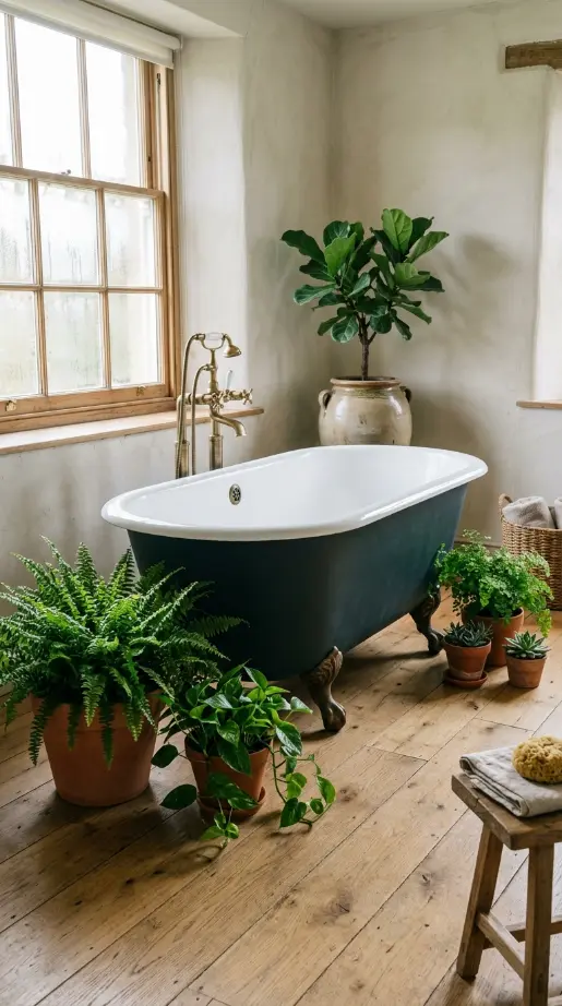 26 Light Wood Flooring for Farmhouse Wire-Brushed Oak Bath 11 11. Wire-Brushed Oak Floor With Clawfoot Cast Iron Bath and Ferns