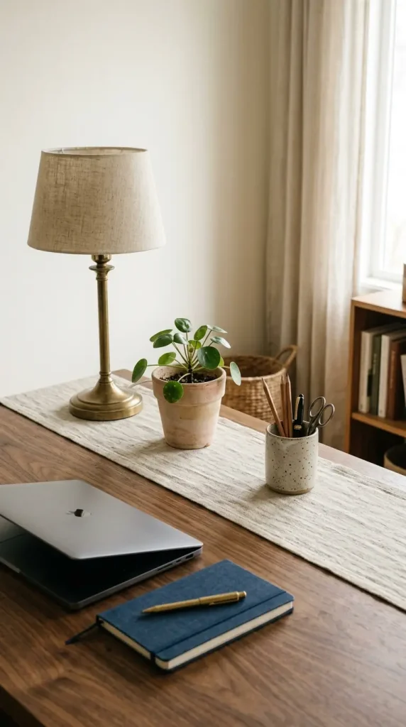 26 Cozy Home Office Warm Wood Linen Neutral Style Ideas 12 12. A Linen Table Runner Beneath the Desk Accessories