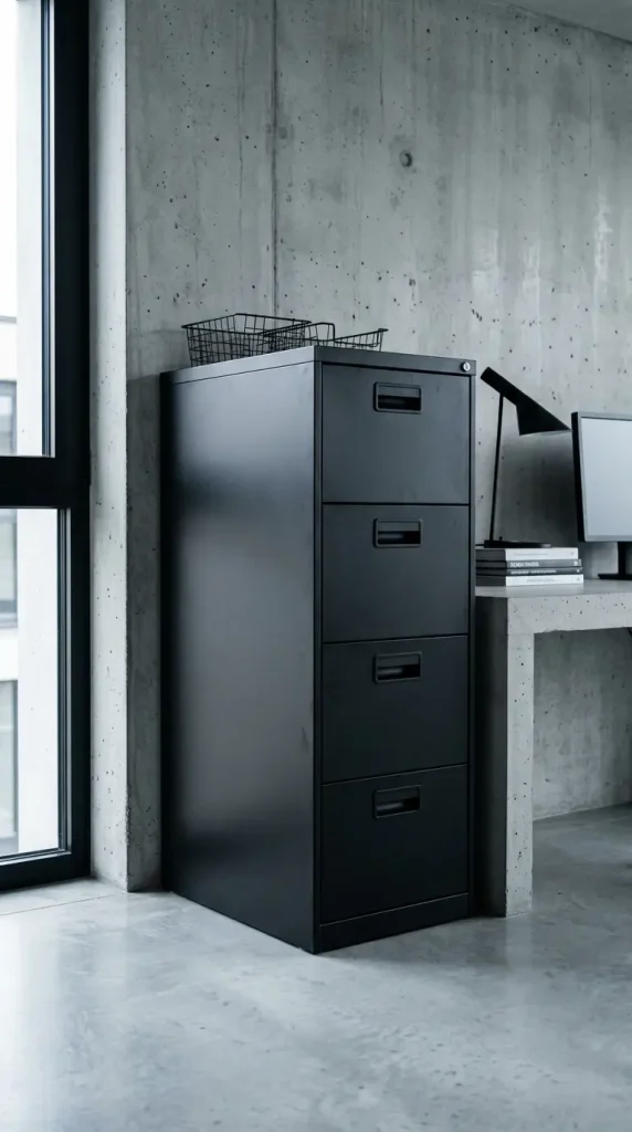 24 Home Office Inspiration Modern Minimal Concrete Steel 12 12. A Single Black Steel Filing Cabinet Left Visibly Industrial