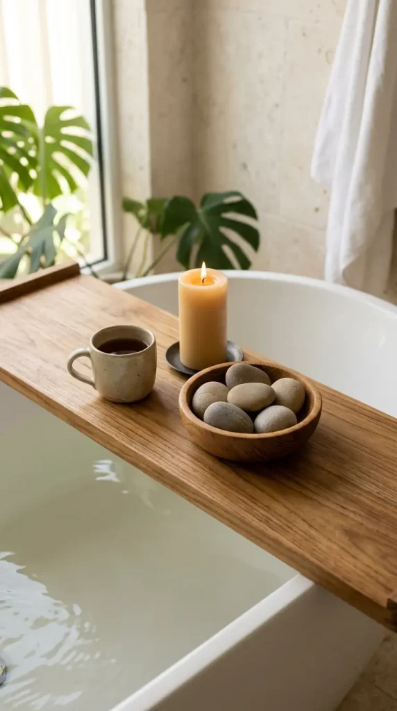 18 Bath Tub Decor Ideas Freestanding Tray Quiet Luxury 12 12. Add a Small Wooden Bowl of Smooth Stones to the Tray