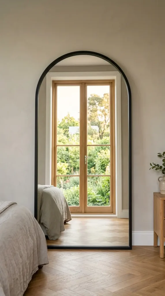 14 Big Mirror in Bedroom Leaning Arch Black Frame Greige 12 12. Arch Mirror Reflecting the Bedroom Window and Garden View