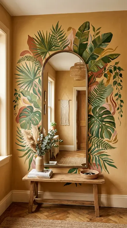 15 Decorated Mirror Hand Painted Arch Entryway Eclectic Wall 12 12. Arch Mirror With the Wall Around It Hand Painted in a Mural