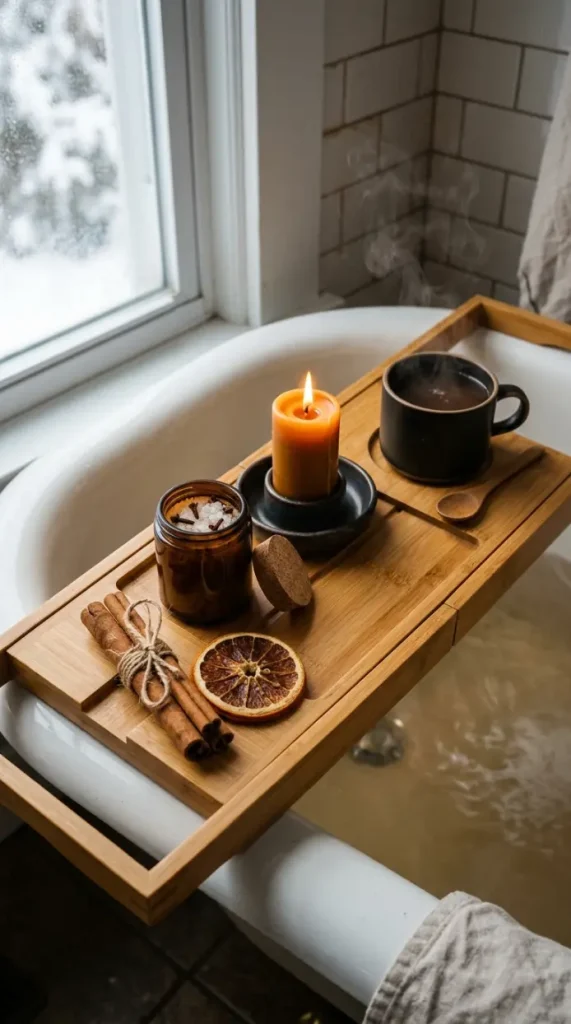 16 Rustic Bathtub Tray Ideas for a Spa Style Bamboo Tub 12 12. Bamboo Tray Styled for Winter — Warm Spice and Citrus