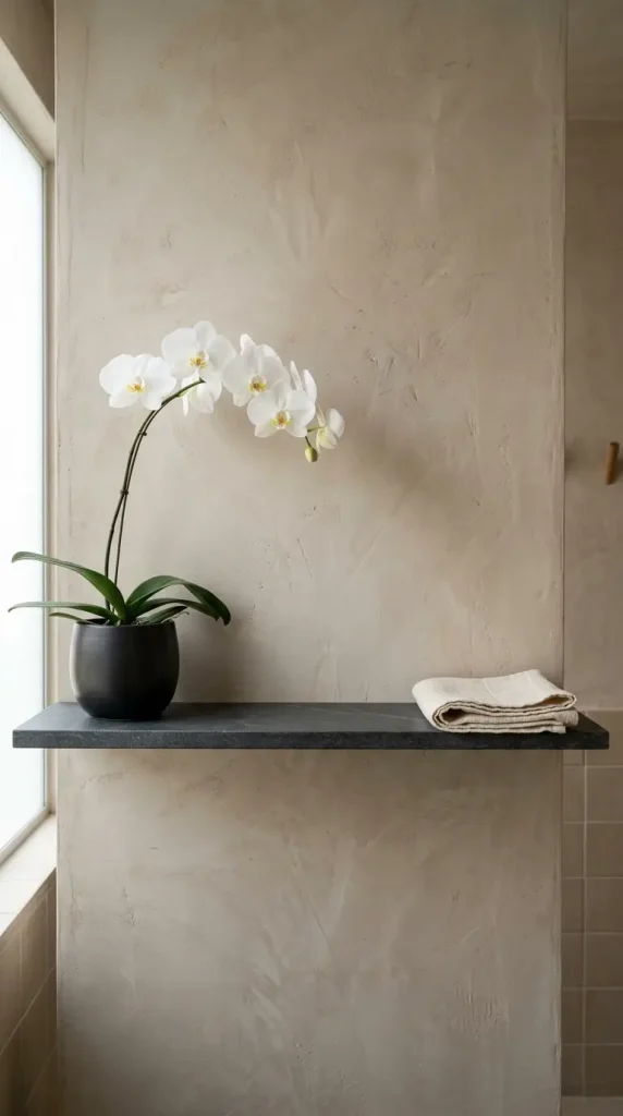 26 Bathroom Shelf Plants Decor Japandi Orchid Minimal 12 12. Bathroom Shelf with Orchid and Folded Linen Towel