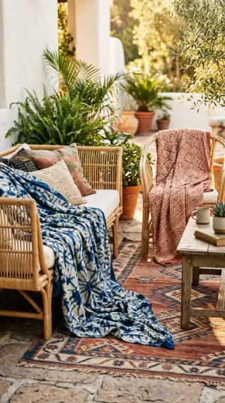 28 Outdoor Patio Ideas for a Boho Layered Living Room 12 12. Batik and Block-Print Outdoor Throw Styling