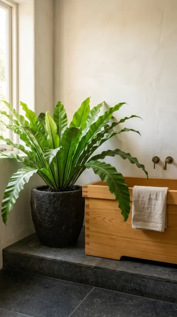 30 Bathroom Plants Decor Japandi Minimal Hinoki Tub Style 12 12. Bird's Nest Fern in a Dark Basalt Pot on the Tub Platform