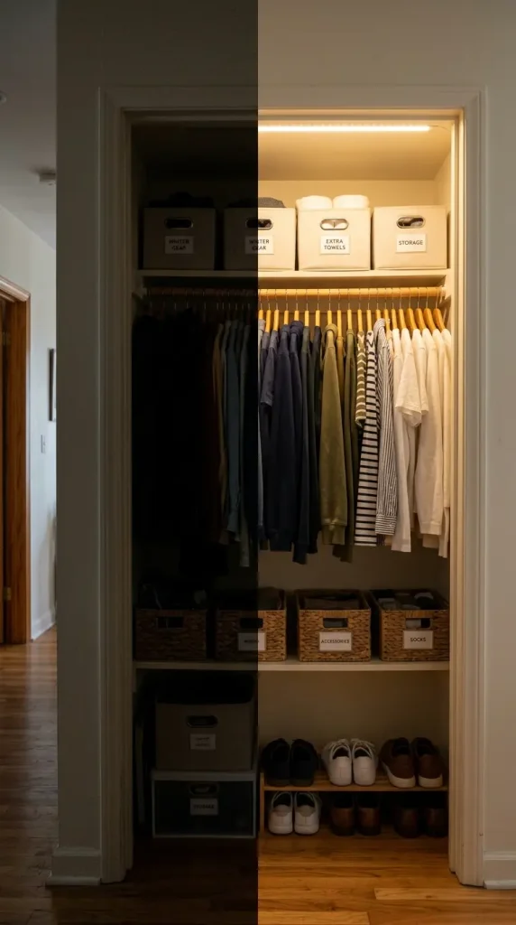 25 Small Storage Closet Organization Tiny Apartment Ideas 12 12. Closet Lighting — The Organization Element Everyone Forgets