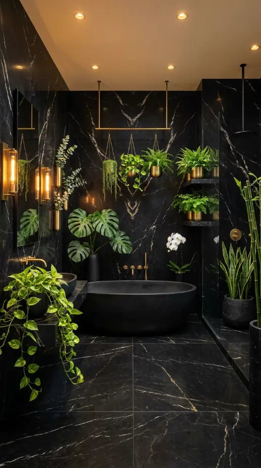 23 Bathroom Plants Decor Luxury Spa Black Marble Style 12 12. Complete Luxury Spa Black Marble Bathroom — Full Plant Styling