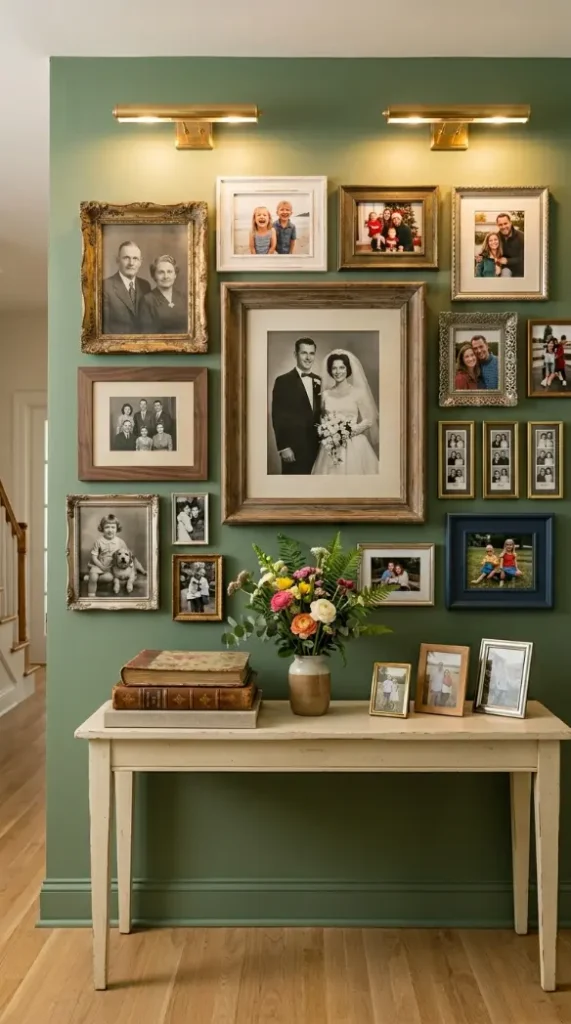18 Console Table Decor Maximalist Gallery Wall Picture Lights 12 12. Console with Family Photograph Gallery and Picture Lights