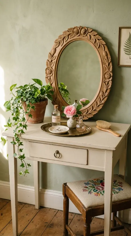 32 Cute Room Ideas for a Dreamy Cottagecore Bedroom 12 12. Cottagecore Vanity Table with Floral Mirror