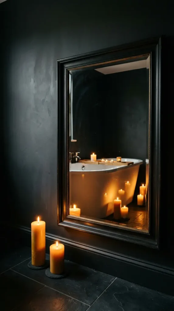 15 Bath Tub Decor Ideas Dark Moody Candlelit Night Soak 12 12. Create a Dark Moody Night Soak With an Oversized Mirror Doubling the Candlelight 1 1
