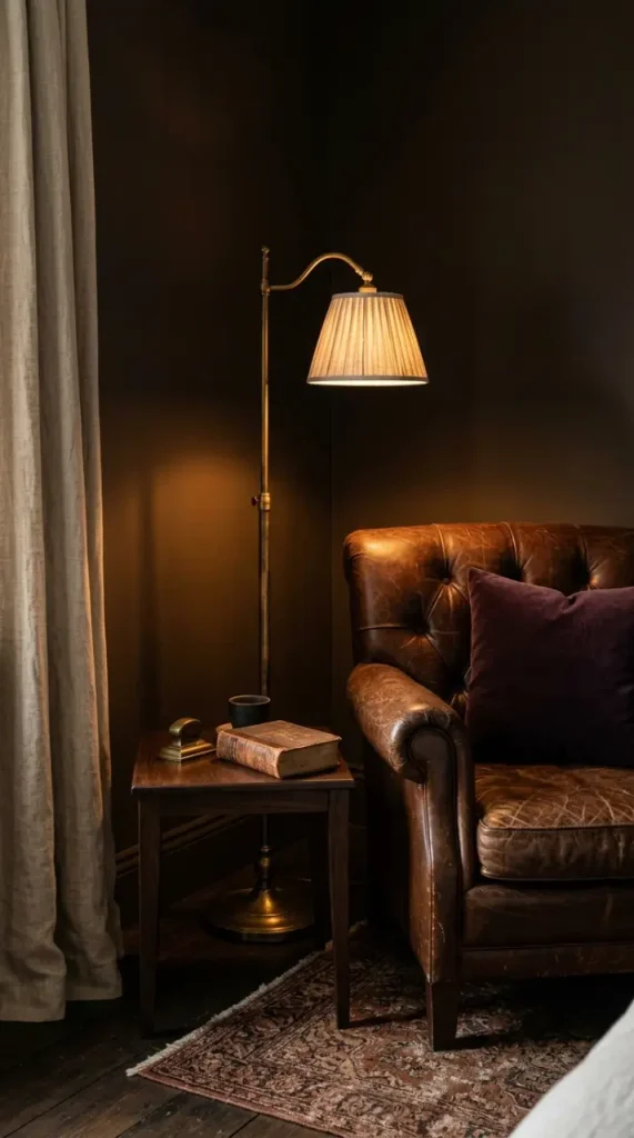 18 Vintage Bedroom Ideas Dark Brown Wood Moody Decor 12 12. Create a Reading Corner With a Dark Leather Armchair and a Floor Lamp
