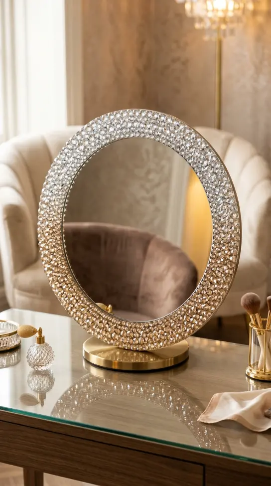 16 Bedazzled Mirror Vanity Crystal Old Hollywood Glam Decor 12 12. Crystal Bedazzled Mirror With a Champagne Tone Ombre Effect