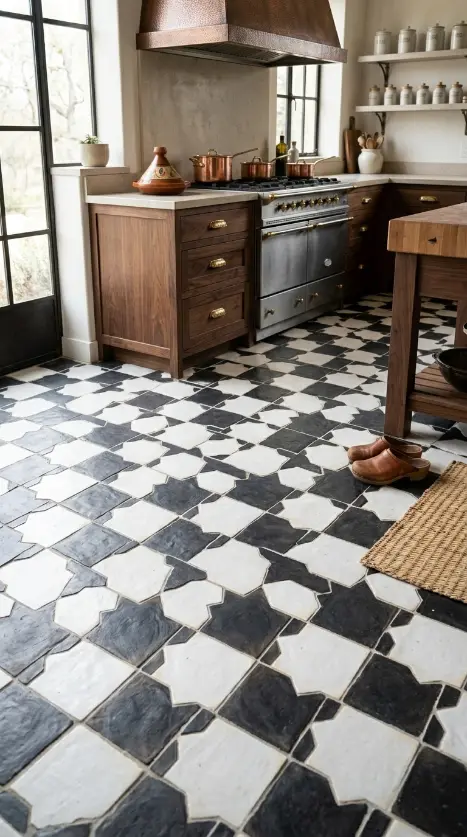 26 Kitchen Flooring Ideas for Farmhouse Black White Encaustic 12 12. Encaustic Tile Swatch Moment — Close-Up Pattern Detail