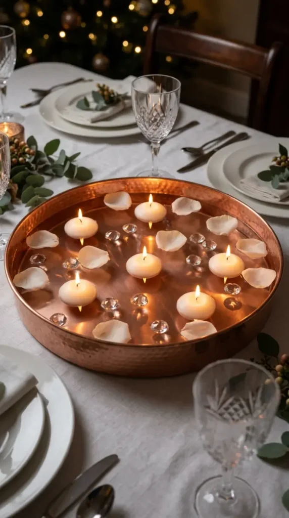 13 Festive Table Decorations Candles Floating Glass Ethereal 12 12. Floating Candles in a Copper Bathtub Tray With Rose Petals and Glass Drops