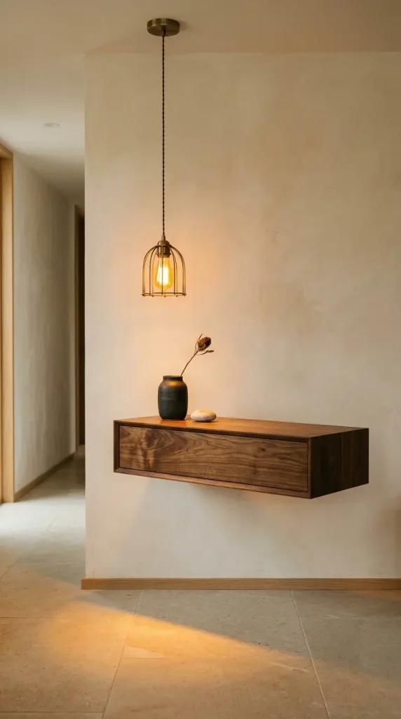 31 Entryway Console Table Ideas Modern Minimal Floating 12 12. Floating Console With Pendant Light Above