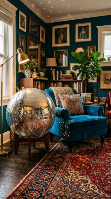 20 Bedazzled Mirror Disco Ball Living Room Maximalist Wall 12 12. Giant Floor Disco Ball Leaning in a Living Room Corner