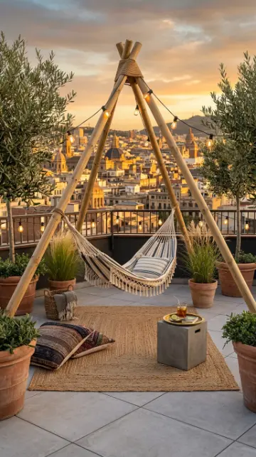 22 Outdoor Furniture Layout Ideas Boho Garden Hammock 12 12. Hammock in a Rooftop Garden Boho Layout
