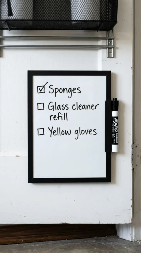 13 Cleaning Closet Organization Door-Mounted Caddy System 12 12. Install a Small Whiteboard or Chalkboard Panel for the Running Restocking List
