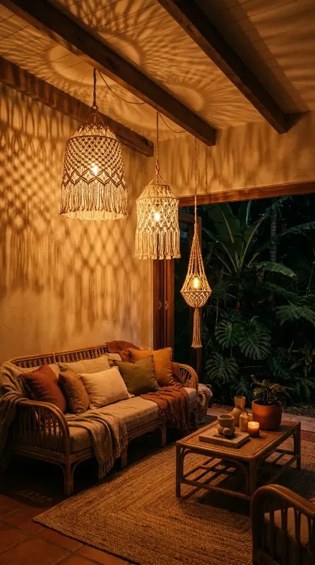 17 Indoor Outdoor Living Boho Macramé Jungle Garden View 12 12. Macramé Lampshades and Amber Light at Jungle Evening