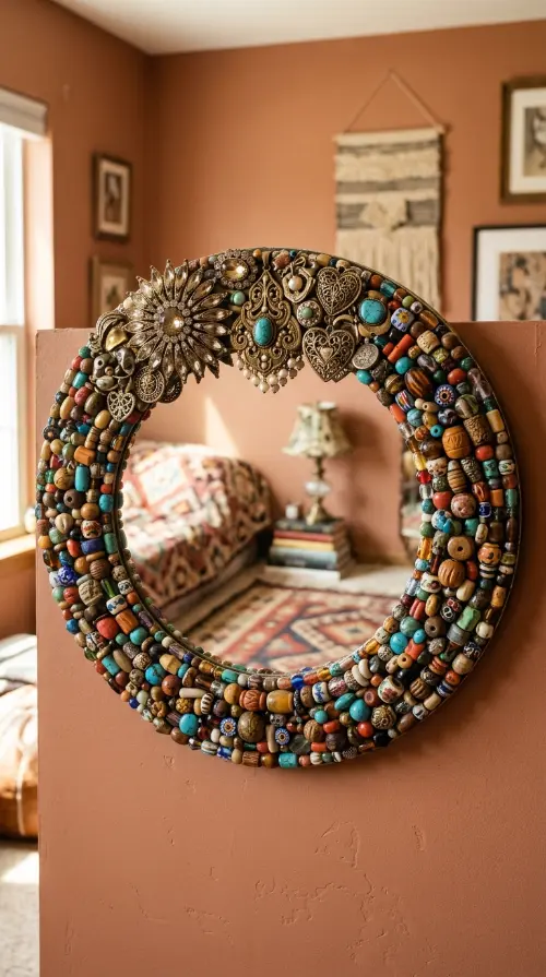 13 Bedazzled Mirror Vintage Jewelry DIY Eclectic Bedroom 12 12. Mirror Bedazzled With Vintage Jewelry and a Mismatched Bead Border
