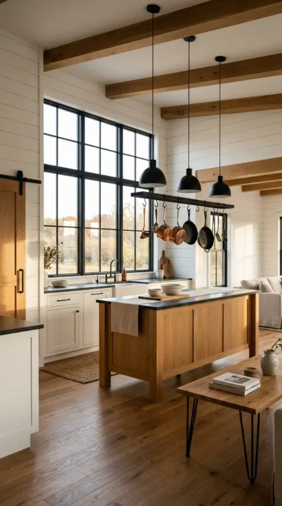 30 Modern Farmhouse Interior Design Seamless Floor Open Plan 12 12. Modern Farmhouse — Black Iron Accents Against White and Oak