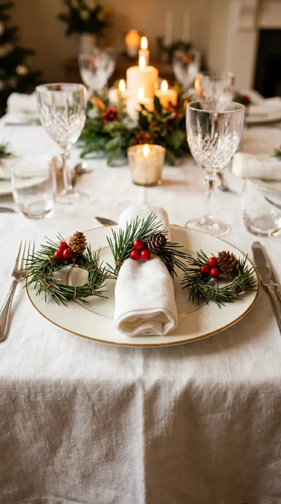 13 Festive Table Decorations Candles Classic Christmas Green 12 12. Napkin Rings Made From Fresh Pine Sprigs and Berry Stems