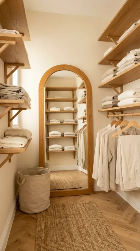 17 Big Mirror in Bedroom Oversized Oak Arch Warm Neutral 12 12. Oak Arch Mirror in a Warm Neutral Primary Suite Walk in Zone