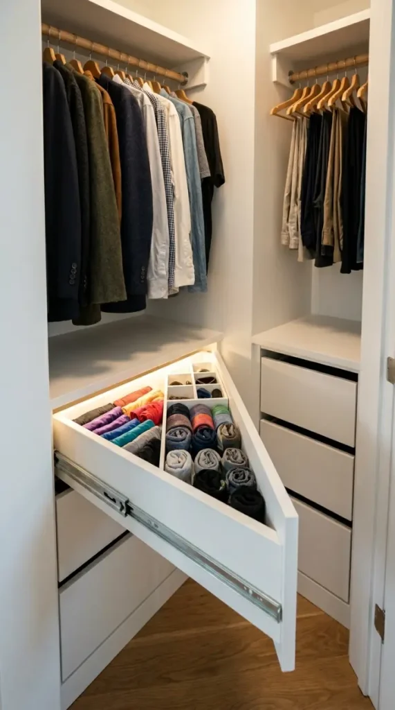 26 Smart Storage Closet Ideas Corner Diagonal Closet 12 12. Open Corner Diagonal Wardrobe — No Doors Approach
