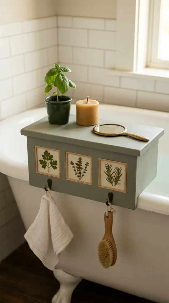 18 Bathtub Caddy Vintage Clawfoot Rustic Wood Floral Brass 12 12. Painted Sage Green Caddy With Pressed Herb Panels and Brass Hooks
