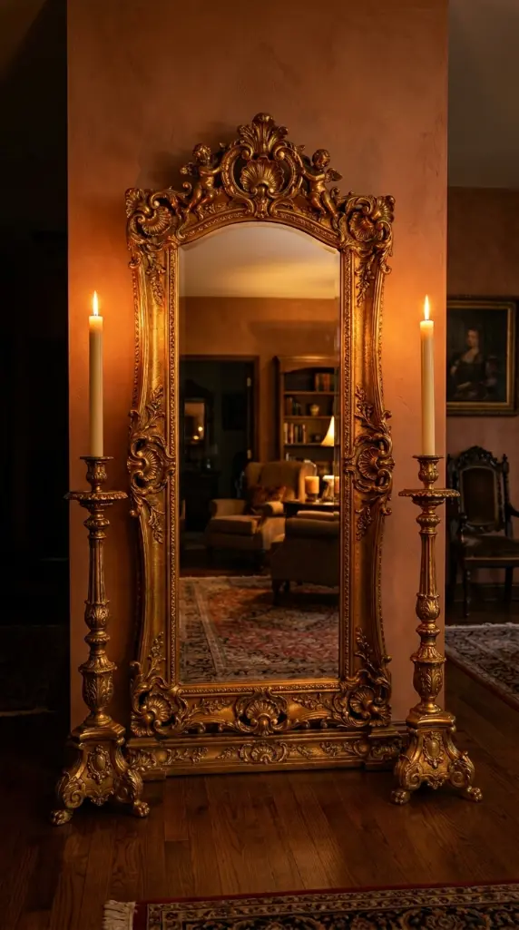 22 Full Length Mirror Living Room Baroque Gold Dramatic 12 12. Pair It With Tall Gold Candlestick Holders on the Floor Beside It