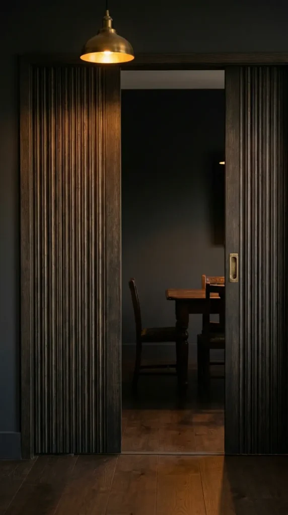 28 Indoor Outdoor Living Dark Dining Room Pocket Doors 12 12. Pocket Doors with Dark Fluted Timber Panels