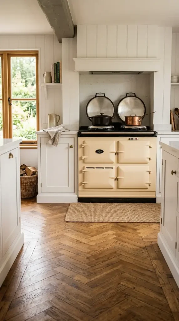 25 Kitchen Flooring Ideas for Farmhouse Herringbone Reclaimed 12 12. Reclaimed Herringbone Under an Aga or Range — Warmth and Pattern