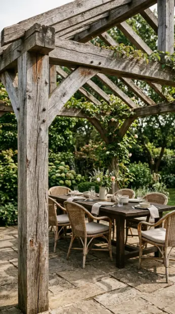26 Outdoor Patio Ideas With a Cozy Pergola Dining Setup 12 12. Reclaimed Timber Pergola for Aged Character