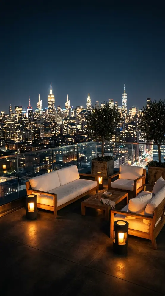 26 Minimal Outdoor Living Space Design for a Rooftop Terrace 12 12. Rooftop Terrace at Night — City Light Backdrop