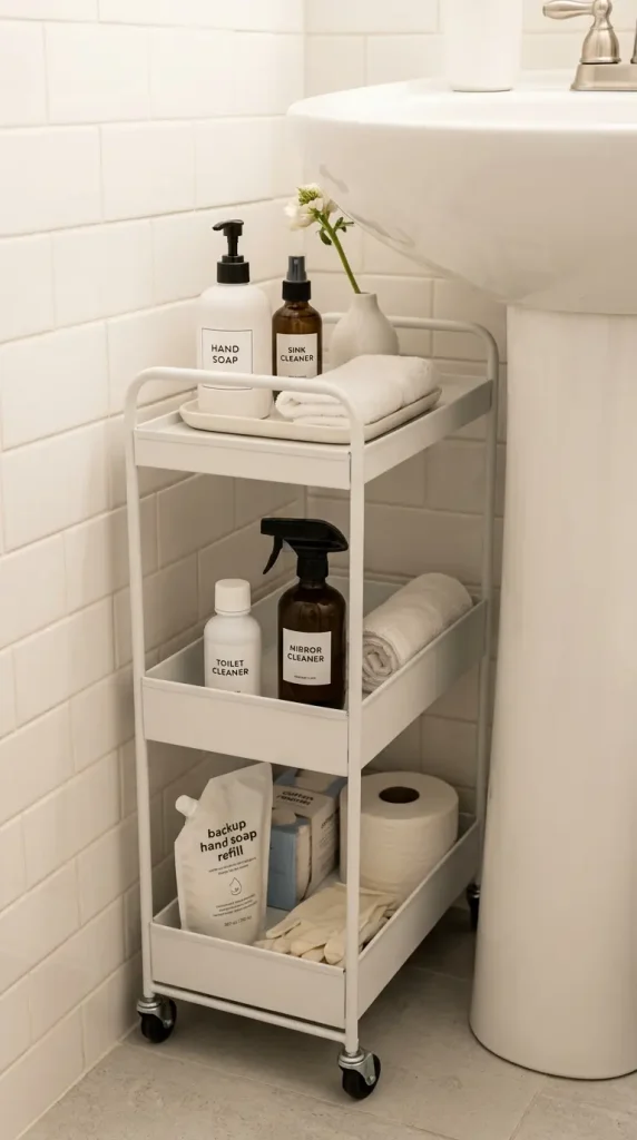 27 Cleaning Closet Organization Tiered Rolling Cart Ideas 12 12. The Bathroom Vanity Rolling Cart — Under-Sink Beauty and Cleaning